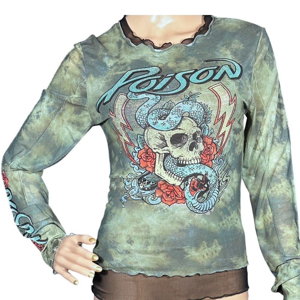 Poison eMesh Top Womens Green Tie Dye Skull Snake Roses Long Sleeve Grunge Med